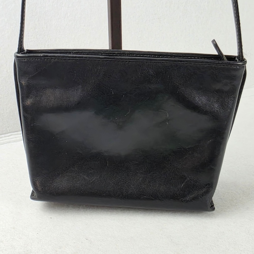 Vintage Monsac Black Leather Shoulder Bag Small Zip Top Minimalist Purse - Picture 2 of 12